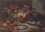 unknow artist Still life of a basket of flowers,fruit,lobster,fish and a cat,all upon a stone ledge Germany oil painting reproduction